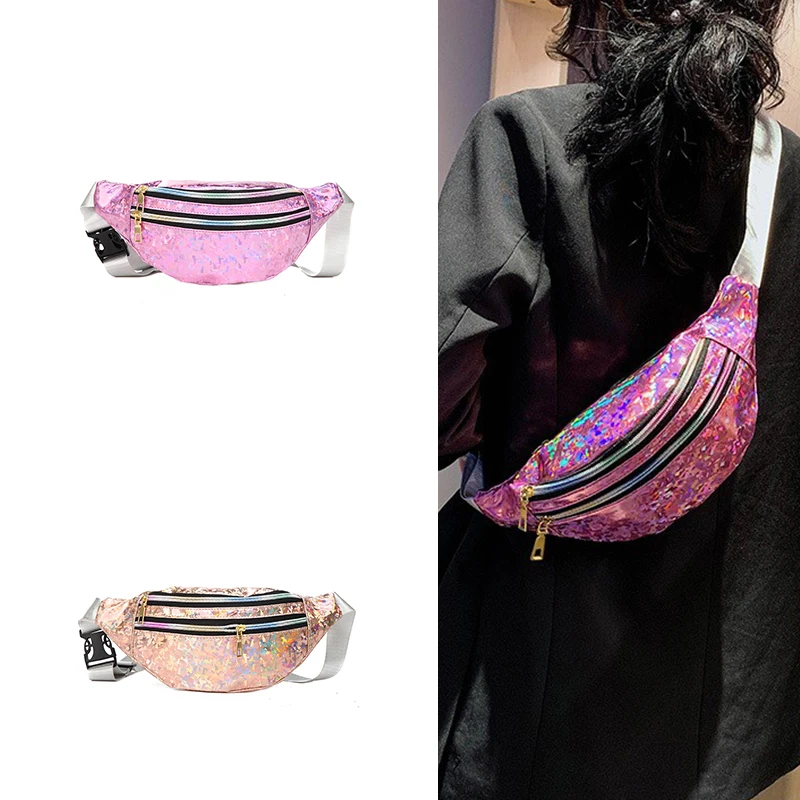 2023 Wholesale Designer Hologram Fanny Pack Sling Chest Bag Belt Hip Bag Casual Cross Body Pouch Waist Bag Silver For Women
