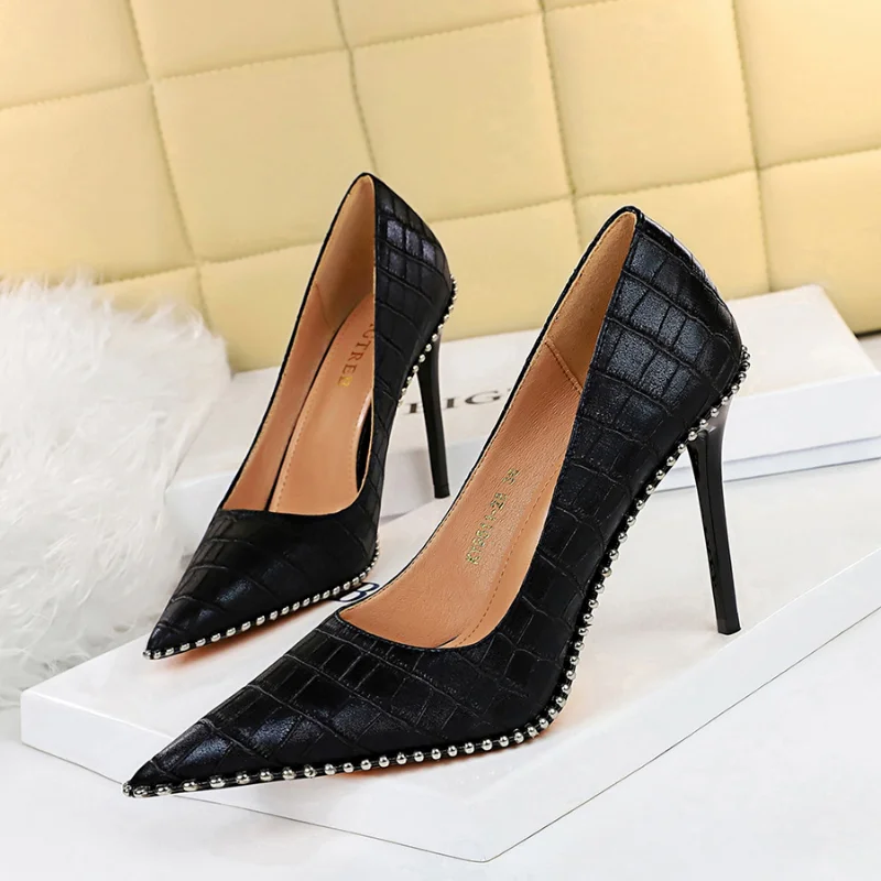 

9611-8 Fashion New Vintage Stone Pattern High Heels Women Shoes Stiletto High Heels Shallow Pointed Toe Women's Single Shoes