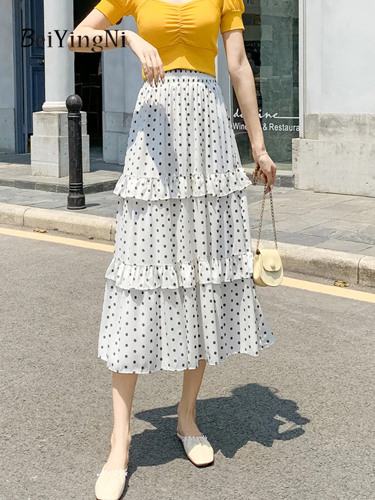 

Beiyingni 2023 Summer Skirts for Women Polka Dot Printed Ruffles High Waist Pleated Midi Skirt White Chic Vintage Faldas Mujer
