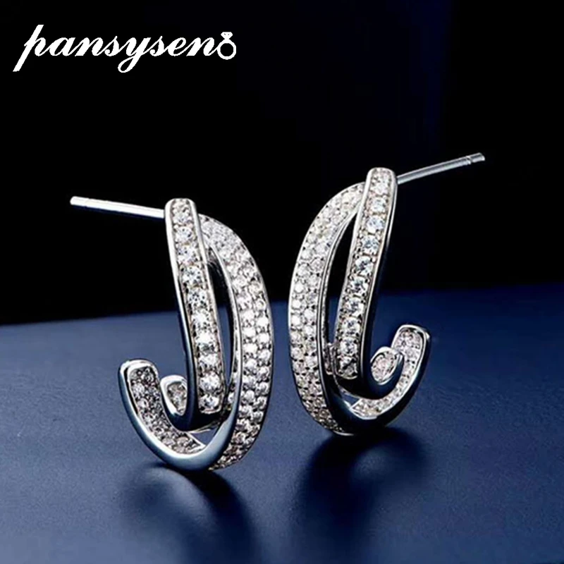 

PANSYSEN Luxury 925 Sterling Silver Sparkling C Shape High Carbon Diamond Gemstone Women Stud Earrings Wedding Fine Jewelry Gift