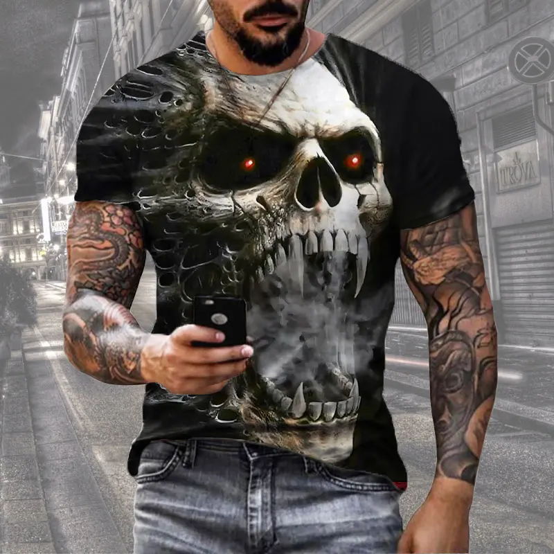 Купи New Horror Skull Print T-Shirt Men's Summer Casual Short Sleeve Fashion Hip Hop Street Style T-Shirts Men T Shirts Male Top Tees за 97 рублей в магазине AliExpress