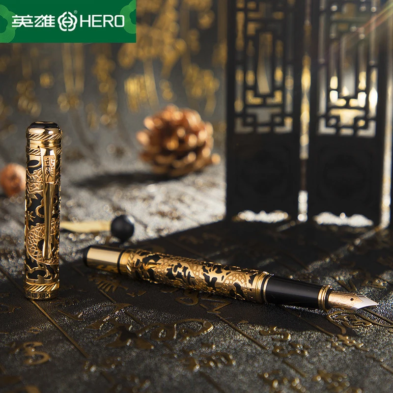 Hero 14K Gold Nib Golden Millennium Dragon Relief Fountain Pen Fine Nib 0.5mm Authentic Writing Gift Set Limited Edition
