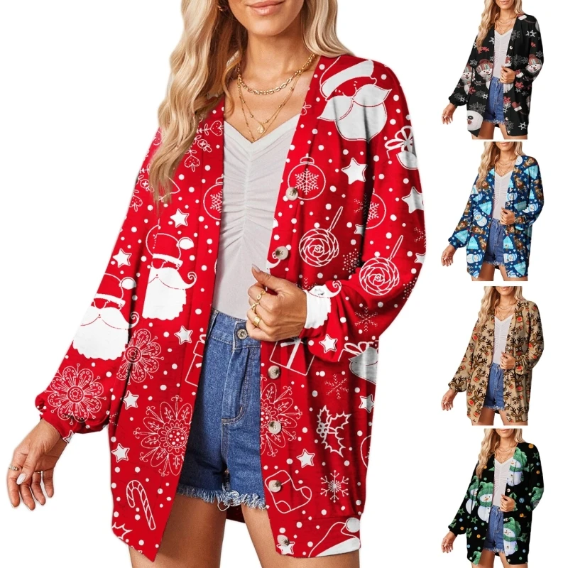 

L5YA Christmas Button Down Cardigan Women Causal Vintage V-neck Outwear Coats