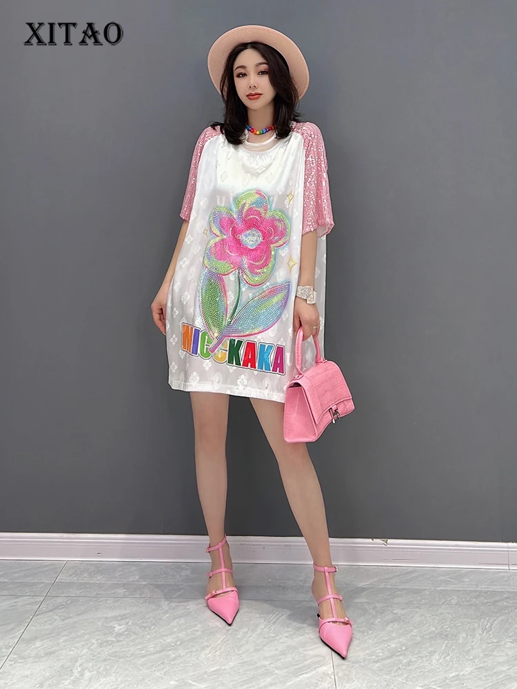 

XITAO Floral Print Pattern T Shirt Pullover Goddess Fan Casual Style Half Sleeve 2022 Letter Patchwork Loose Tee Top WMD7131