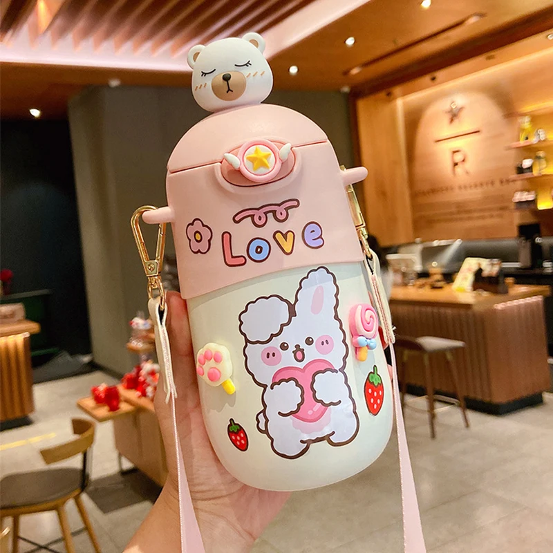 

500ml Kawaii Thermos Water Bottle With Straw Student Girl Travel Tumbler Drinking Cup Cute Insulated Stainless Steel Thermal Mug