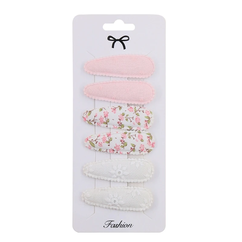 

D7YD 6Pcs/Set Kids Baby Girls Waterdrop Shape Small Hair Clips Sweet Floral Print Cloth Covered Metal Snap Barrettes Hairpins