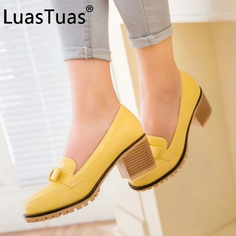 

LuasTuas Women Pumps Bowknot Thick High Heels Shoes Women Slip On Solid Color Fashion Platform Daily Zapatillas Mujer Size 34-43