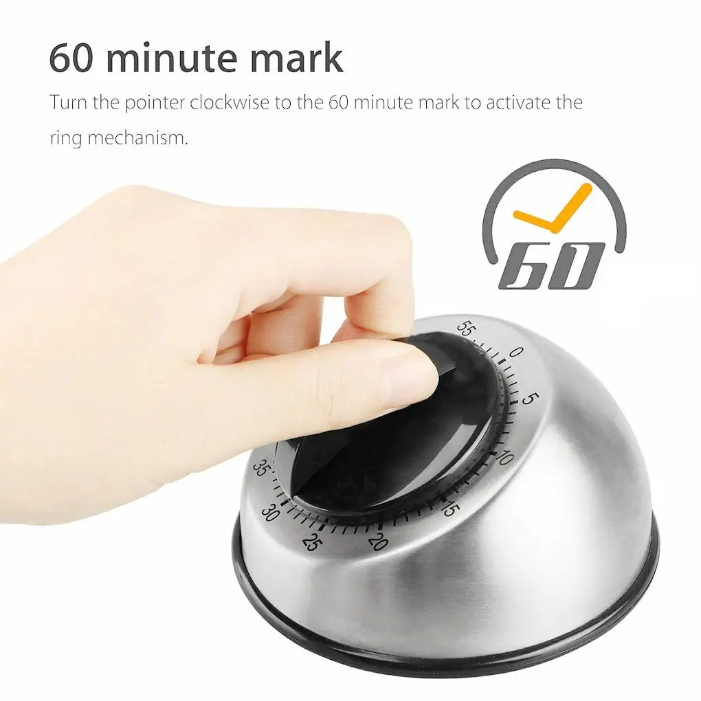 

New Cooking Wind Up Timer 60-Minute Kitchen Bell Alarm Clockwise Mechanical Countdown Timer Stainless Steel