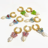 perisbox colorful ceramic butterfly freshwater pearl pendant hoop earrings cute multicolor charm huggie earring for women girl