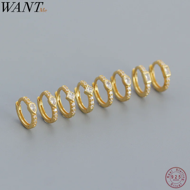 

WANTME 925 Sterling Silver Simple Fashion Geometric Zircon Ear Buckles for Women Korean Hoop Earrings Statement Piercing Jewelry