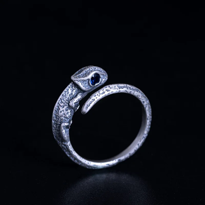 

925 Sterling Silver Vintage Chameleon Open Ring Men's and Women's Blue Zircon Women's Lizard Rings Vintage Jewelry