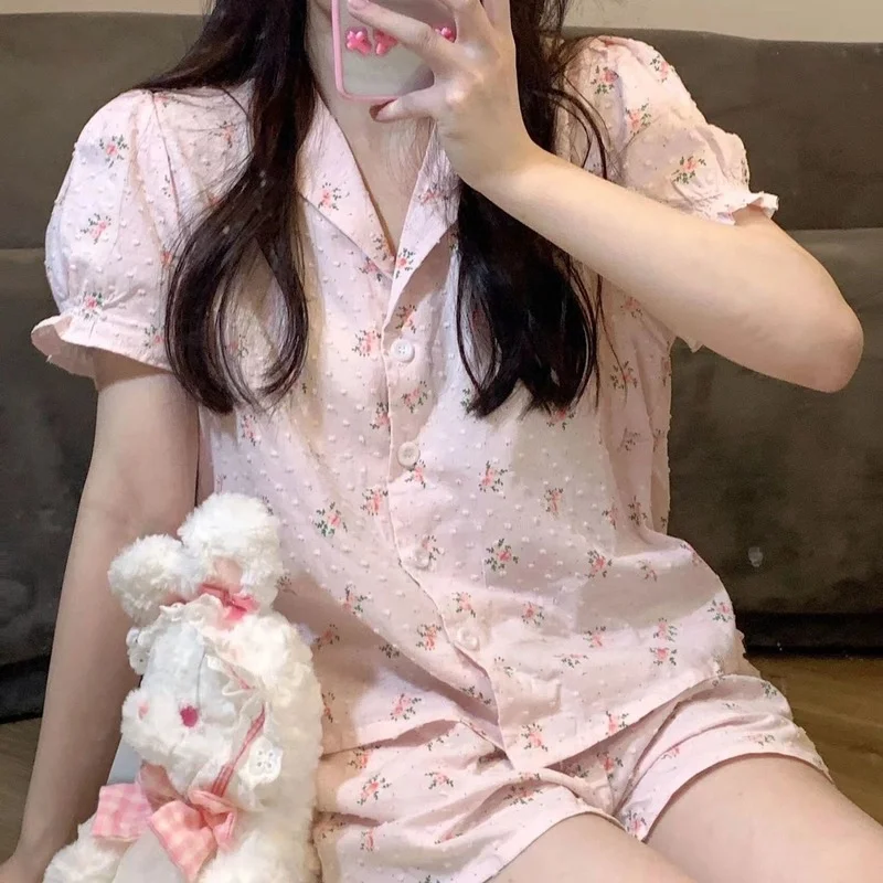 

QWEEK Кардиган Женская Хлопковая пижама с принтом розовый корейский стиль костюмы с шортами одежда для комнаты отложной воротник Ночная рубашка Лето