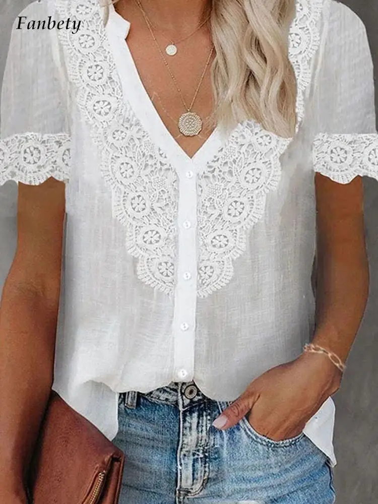 

Women Elegant Sexy Deep V-Neck Embroidered Patchwork Blouse Tops Fashion Solid Short Sleeve Shirts Female Casual Commute Blusa