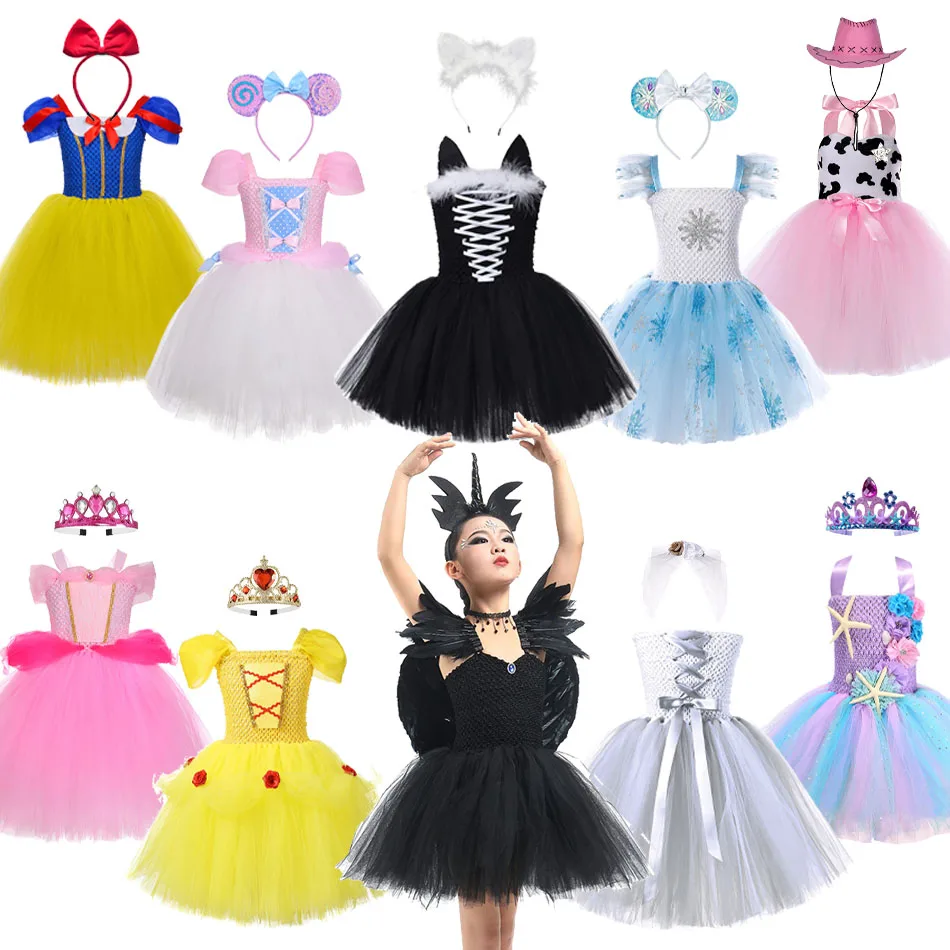 

Girls Halloween Princess Cosplay Costumes for Kids Chrismas Birthday Party Knee Length Tutu Dresses Elsa Snow White Aurora Pink