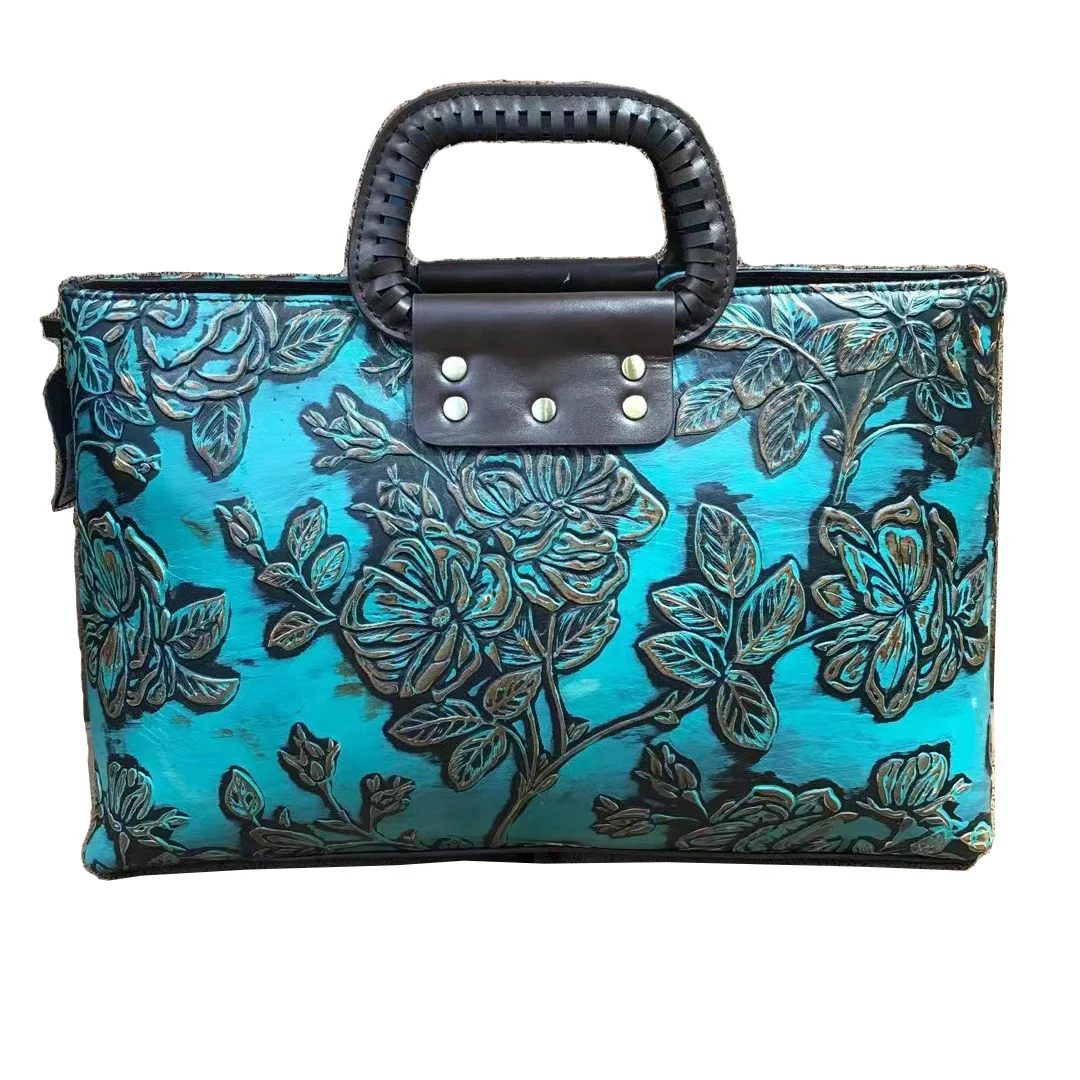 

Сумка ручной работы из натуральной воловьей кожи для женщин, саквояж на плечо с цветочным узором, тоут в китайском стиле