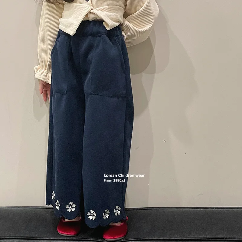 

Girls' trousers 2022 autumn and winter children's Korean embroidered woolen casual wide leg trousers 11-136