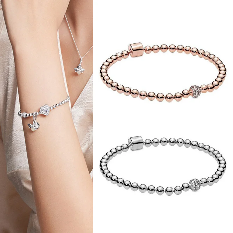 

New Pan 925 Silver Fashion Beaded Bean Bracelet Women's Wedding Romantic Gift