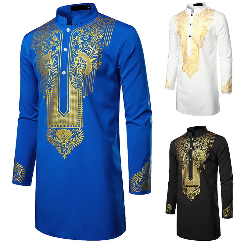 Men's Casual Totem Print Medium Long Sleeve Shirt Style Muslim Men's Stand Collar Shirt