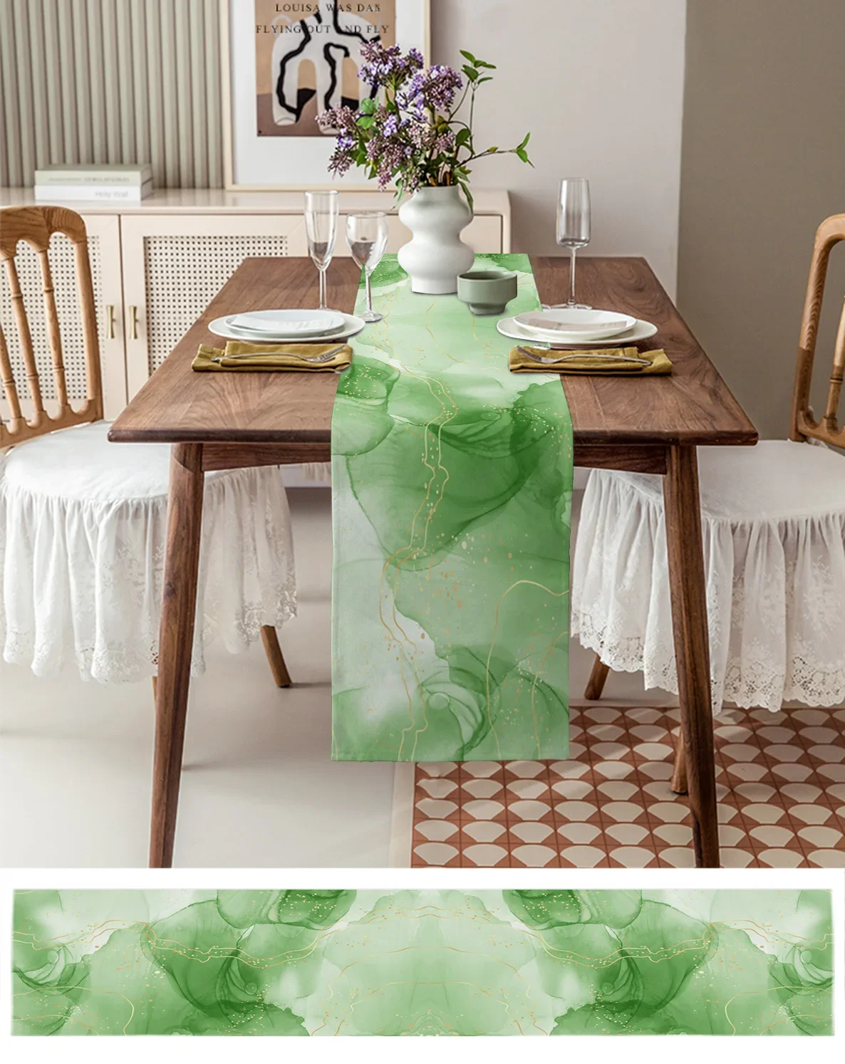 Мраморная линия градиентная трава зеленые льняные дорожки для стола украшение