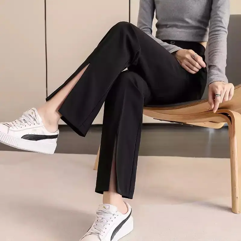 

Slit Suit Pants Women's Summer Drape Ice Silk Breathable Thin Section High Waist Straight Chiffon Black Casual Wide Leg Pants
