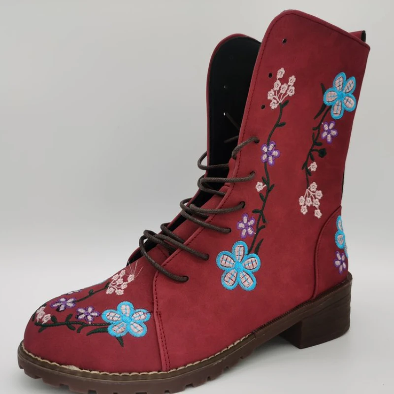 

New Women's Martin Boots Vintage Round Toe Embroidered Lace-up Shoes Solid Color Side Zipper Waterproof Ankle Boots Bota De Neve