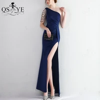 navy long 2022 evening dresses stretch ruched prom dress one shoulder formal party gown split dress beadings strap prom gown