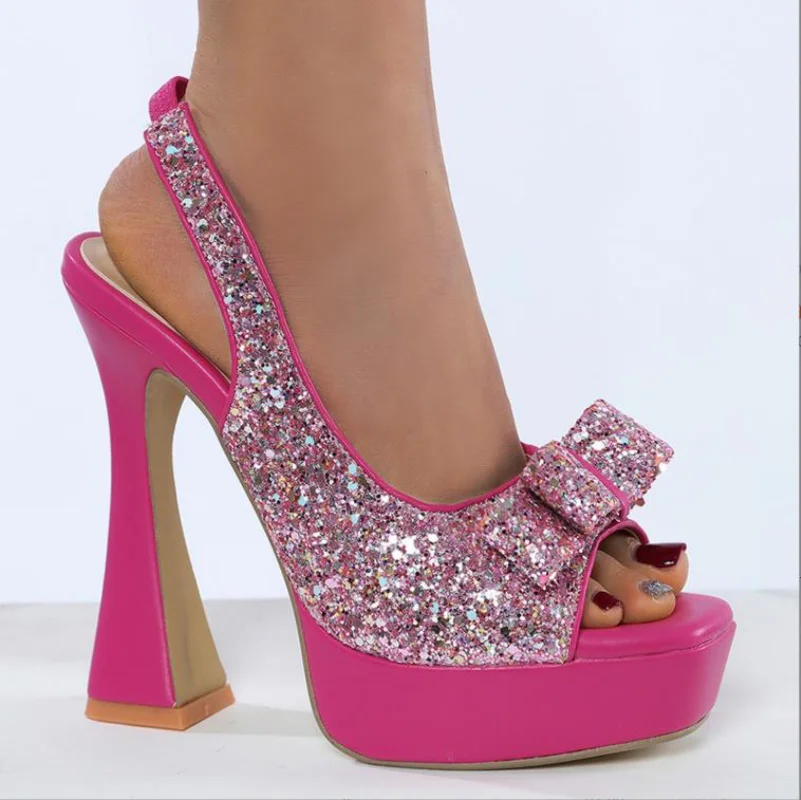 

Женские блестящие туфли-лодочки с бантом и блестками, с открытым носком и ремешком сзади