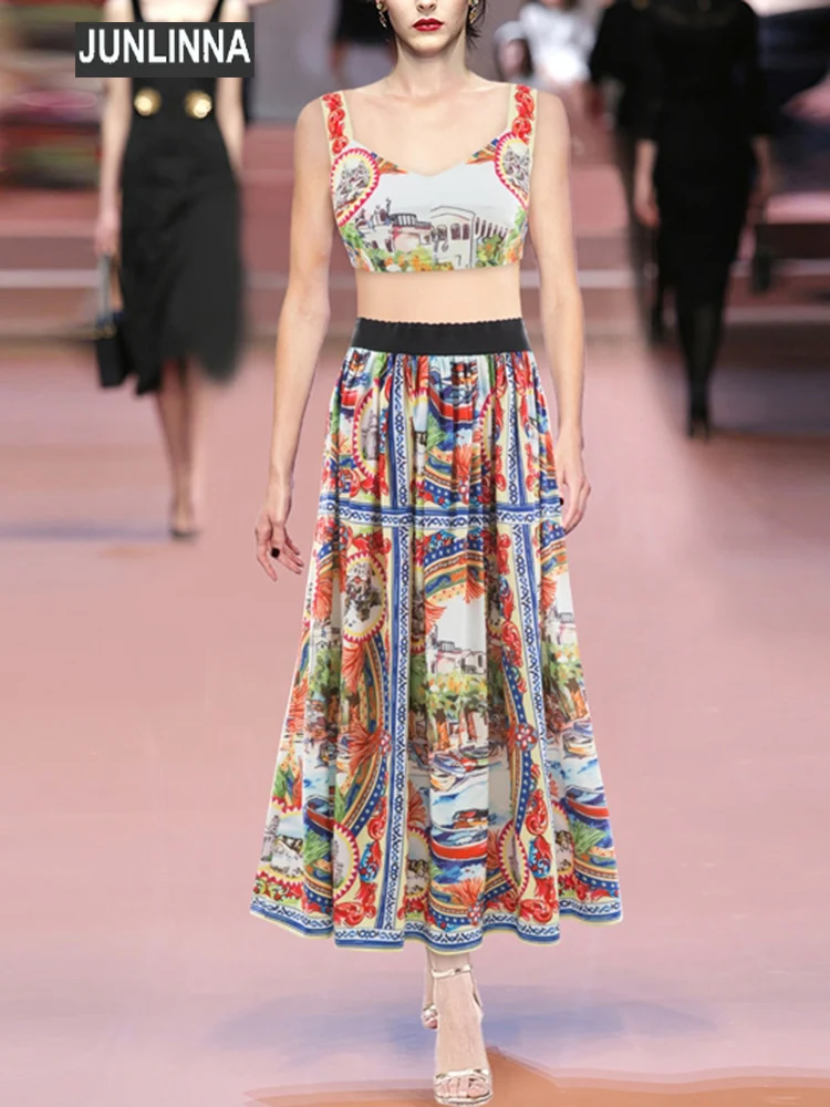 

Женское модельное платье из двух предметов JUNLINNA, привлекательный короткий топ и длинная юбка, Праздничные комплекты с принтом