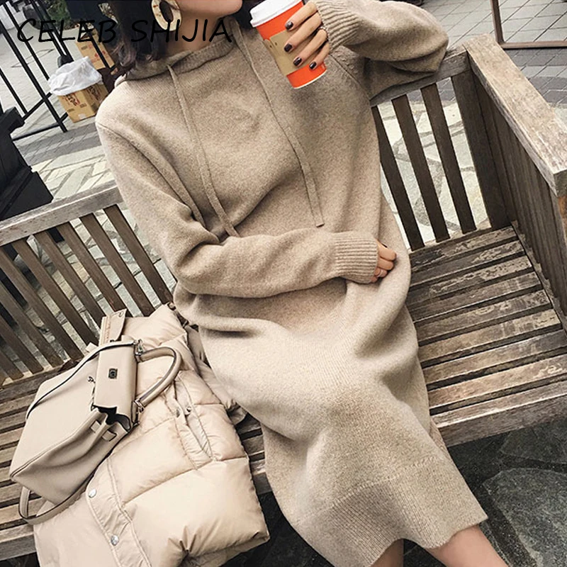 

Korea Hooded Wool Dress Woman Winter Autumn Chic Khaki Chic Loose Knitted Dress Vestido Female Loose Style Long Dresses Fall