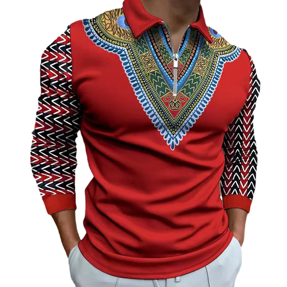 

2023 Men's Long Sleeve Polo Shirt Tribal Totem Pattern T Shirt Men's Fashion New Tops T Shirt Oversized Lapel Zipper Polo Shirt
