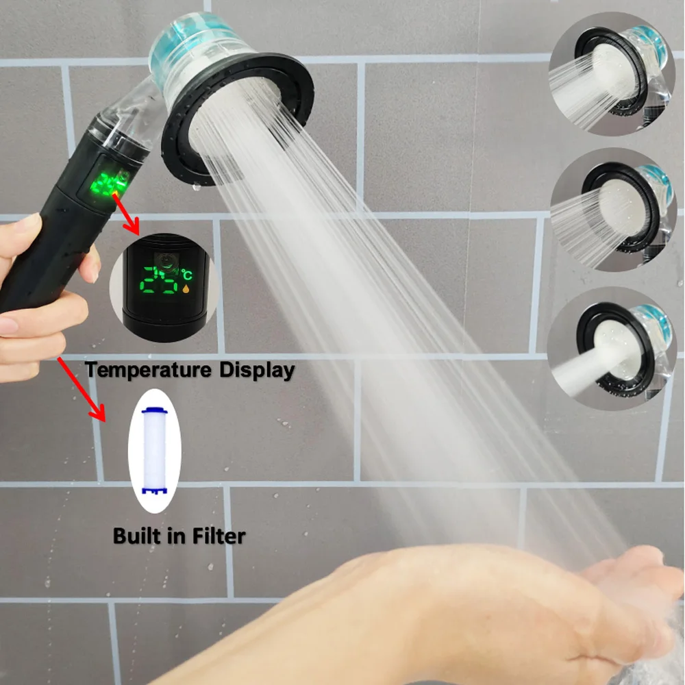 

Temperature Display Shower Head Black 3 Modes Turbo Propeller High Pressure Shower Big Boost Filter Handheld Bathroom Showerhead