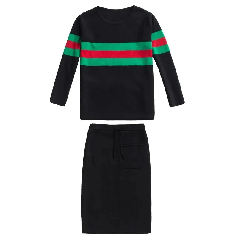 

Black Striped Vintage Two Piece Fashion Elegant Women Pullover Knitted Sweater + High Waist Skirt Suit Spring Autumn Slim Set