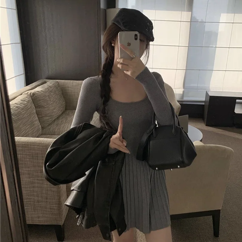 Осеннее новое стильное французское модное вязаное платье с длинными рукавами и