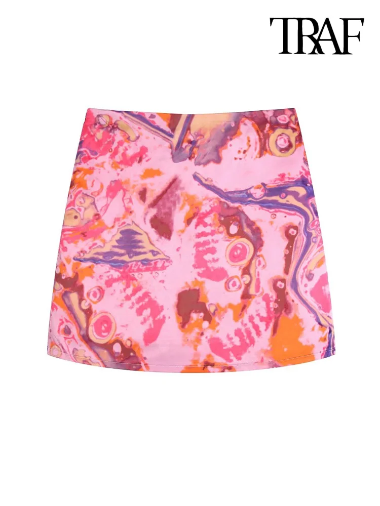 

TRAF Women Fashion Printed A Line Mini Skirt Vintage High Waist Side Zipper Female Skirts Mujer