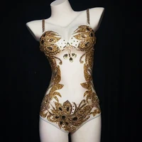 bodysuits sexy shining rhinestone sequins gold women spaghetti strap clothes nude pole dance singer stage costume party bar wear