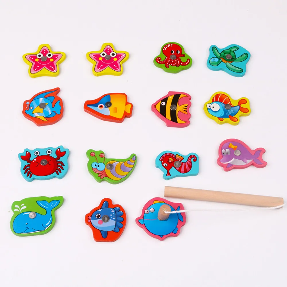 

Fishing Toy Wooden Fish Magnetic Fish 15Pcs Toy Game Fishing Set Educational Education