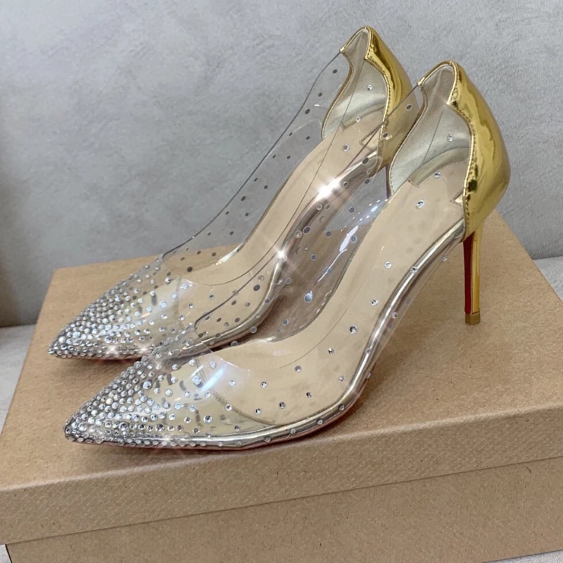 Europe and The United States 2023 Autumn New Pointed High -heeled Women's Shoes Hot Diamond Transparent Shallow Mouth Shoes