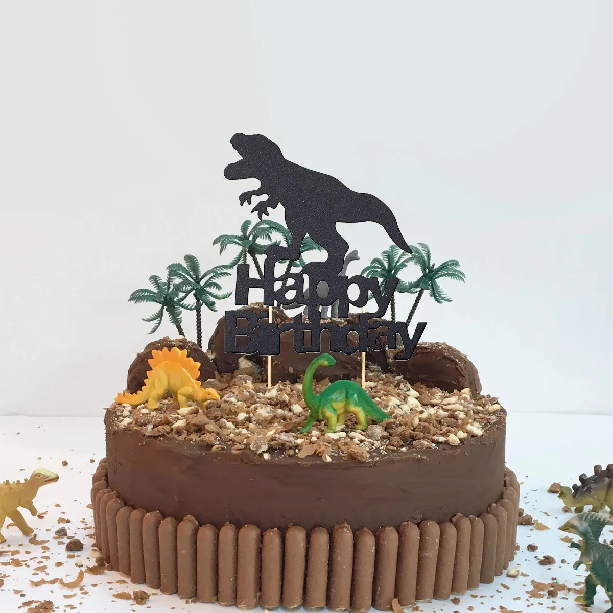 

Dinosaur Birthday Cake Topper Black Glitter T-Rex Happy Birthday Party Cake Decor Dino Jungle Jurassic Dinosaur Themed Party