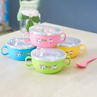 childrens cartoon tableware set stainless steel food insulation bowl with spoon and covered set double handle baby feeding bowl