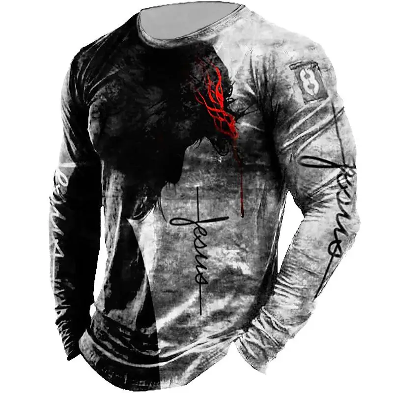 Купи Cotton Long Sleeve T-Shirt Men's Vintage Clothes Jesus 3D Printed Tops Sin Christ Pattern Tees Fall Oversized Male T Shirt 2022 за 239 рублей в магазине AliExpress