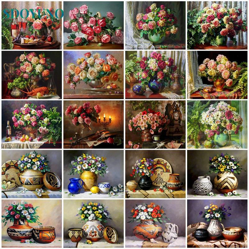 

SDOYUNO 60x75cm Painting By Numbers DIY Flower Oil Paint By Numbers Vase On Canvas Frameless Digital HandPainting Home Decor