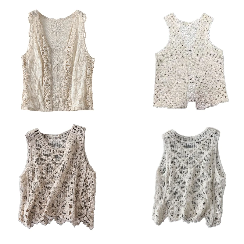 

Ladies Crocheted Tank Tops Sexy Sleeveless Hollow Crop Tops All-matching Thin Short Vest Tops Summer Sling Short Tops