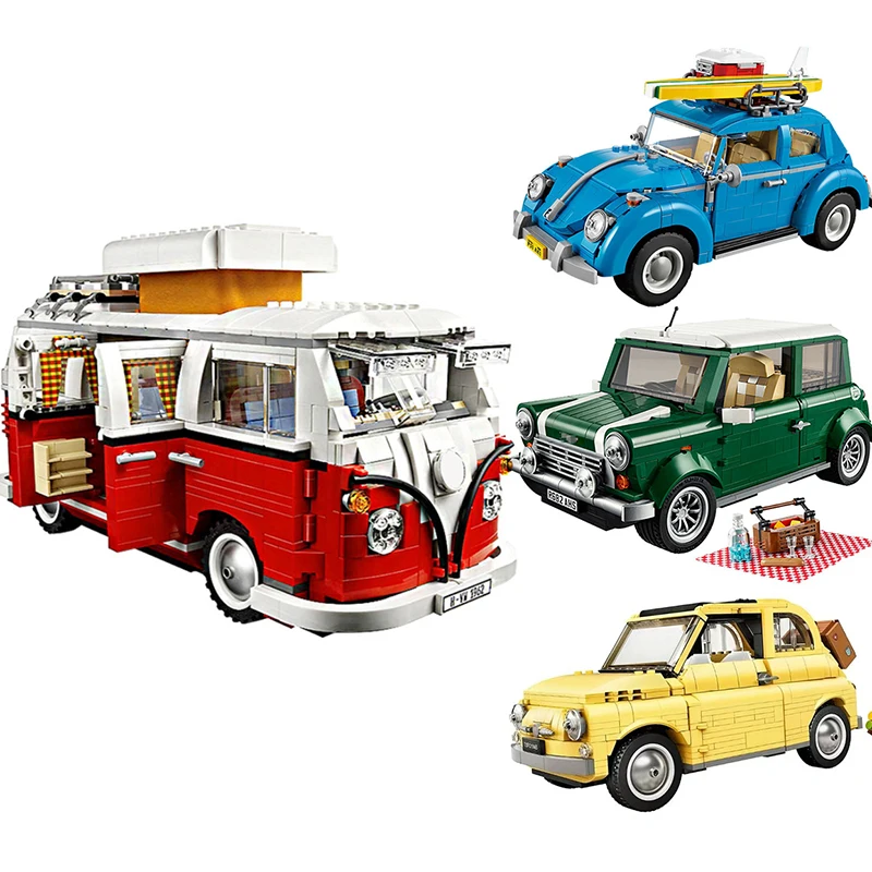 

Camion de camping-Car en blocs de construction pour Mini Cooper, nouveau modèle 500, VW T1, Van 10220, 10271, 10252