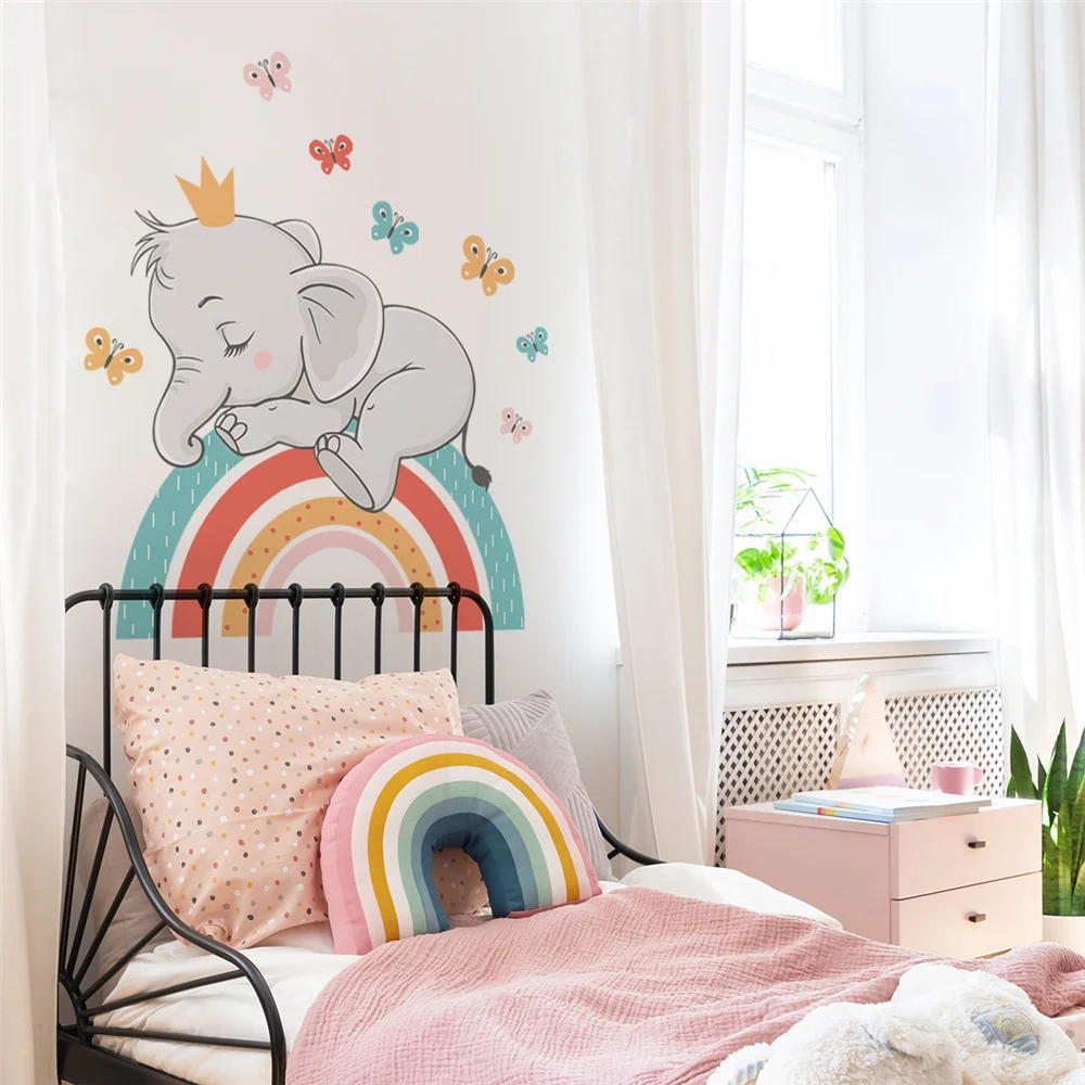 DIY Cute Cartoon Butterfly Rainbow Elephant Wall Sticker For Kids Baby Room Bedroom Home Decor Decals Stickers Nursery Wallpaper images - 6