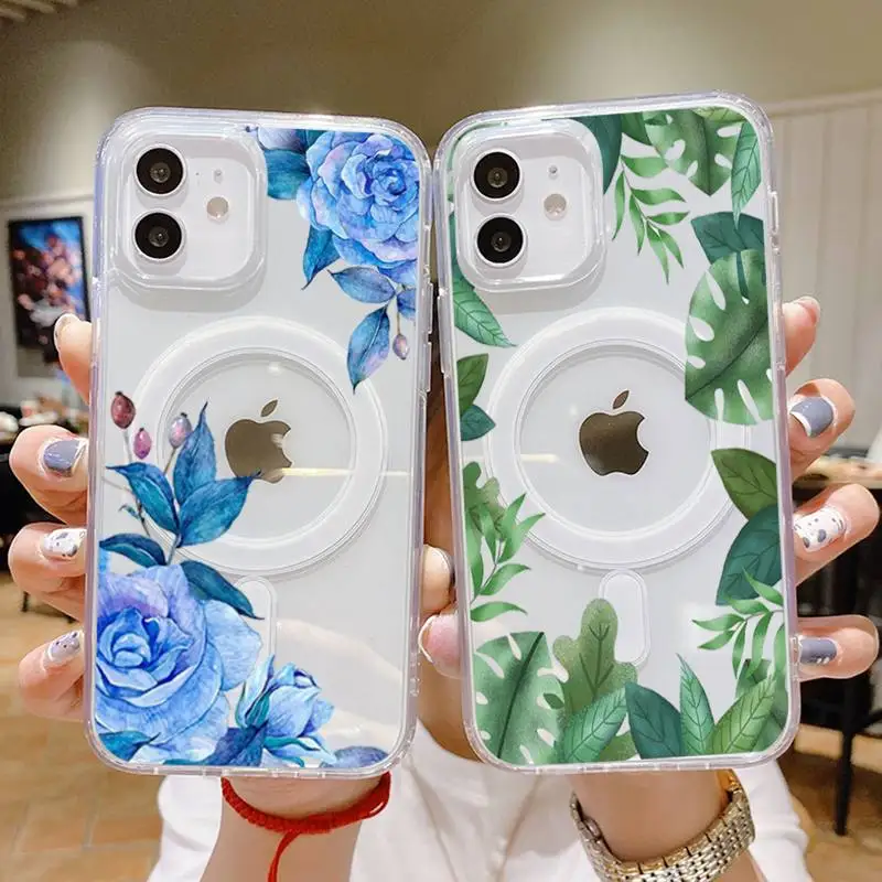 

flower background Phone Case For iPhone 13 12 11 Mini Pro Max transparent Super Magnetic MagSafe Cover