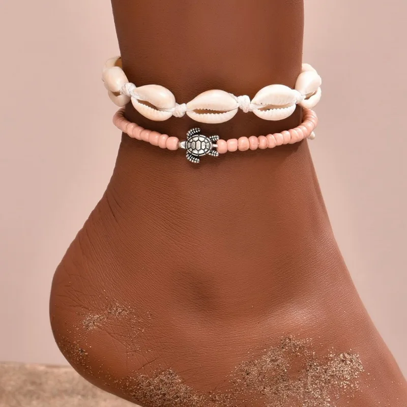 

2 Pcs Bohemian Beach Shell Conch Turtle Anklet On Leg Handmade Rice Beads Foot Chain Anklet For Women Trendy Sandal Jewelry