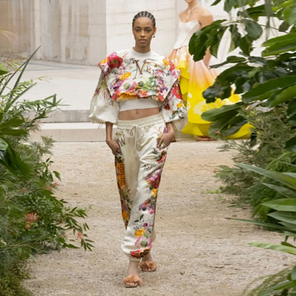 

Spring 2023 New Fashion Two-Piece Set Floral Print Lantern Sleeve Short Top + Drawstring Waist Tracksuit Long Pants Sets