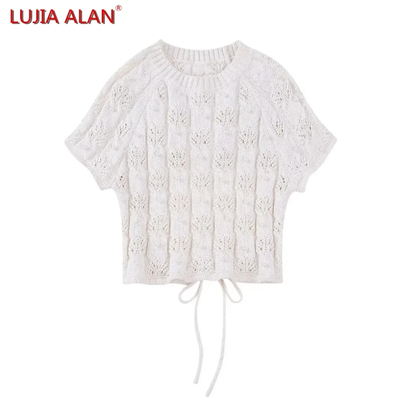 

New Women Pearl Decoration Sexy Backless Crochet Knit Sweater Female Raglan Sleeve Pullover Casual Loose Tops LUJIA ALAN SW2373