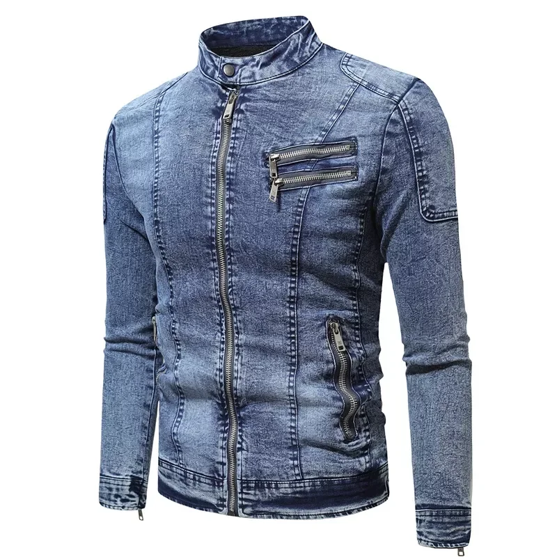

2023NEW Motorcycle Denim Jacket Men Retro Zippers Stand Collar Denim Coats Mens Cotton Slim Fit Denim Jacket Moto Biker Outerwea