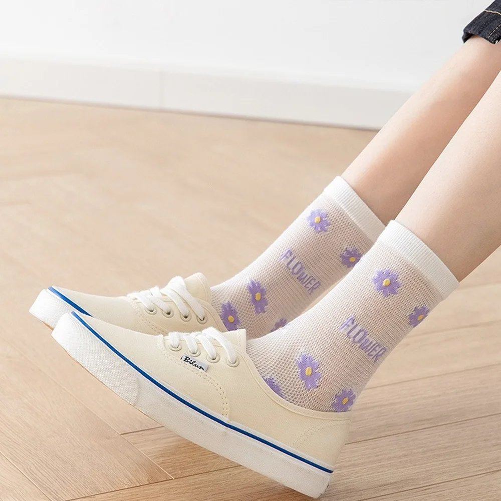 

New 3Pairs/lot Woman Socks Summer Mesh Thin Breathable Long Socks Cartoon Cute Harajuku Floral Japanese Kawaii Cute Ruffle Socks